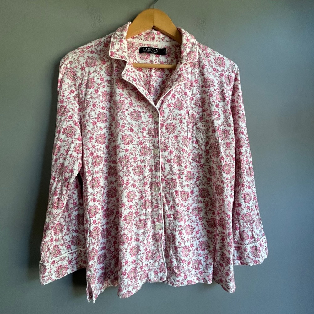 Lauren Ralph Lauren Pink Paisley Floral Button Down Pajama Top XL Long Sleeve